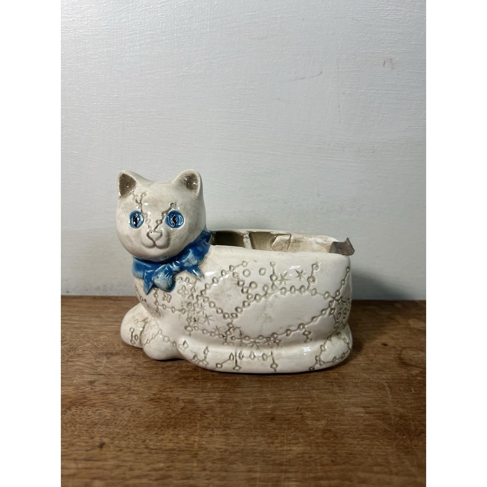 Vtg Ceramic Cat Tape Dispenser Hippy Celestial Ceramic Animal Wizard Stars Witch